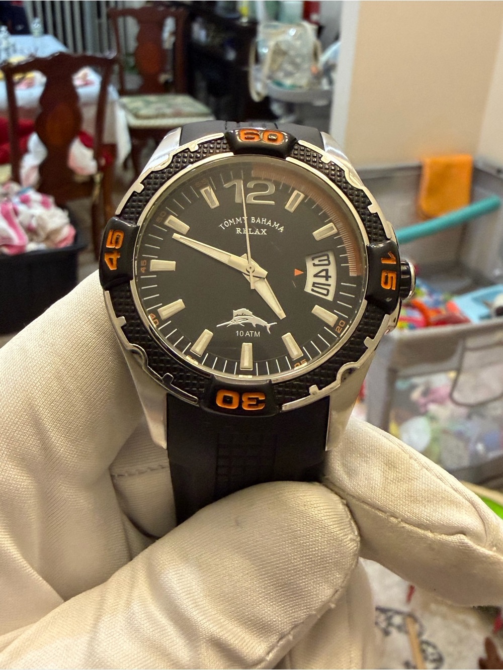 Tommy Bahama Relax Mens Watch RLX1112 Black Orange Dial Date 10 ATM Sport 46mm